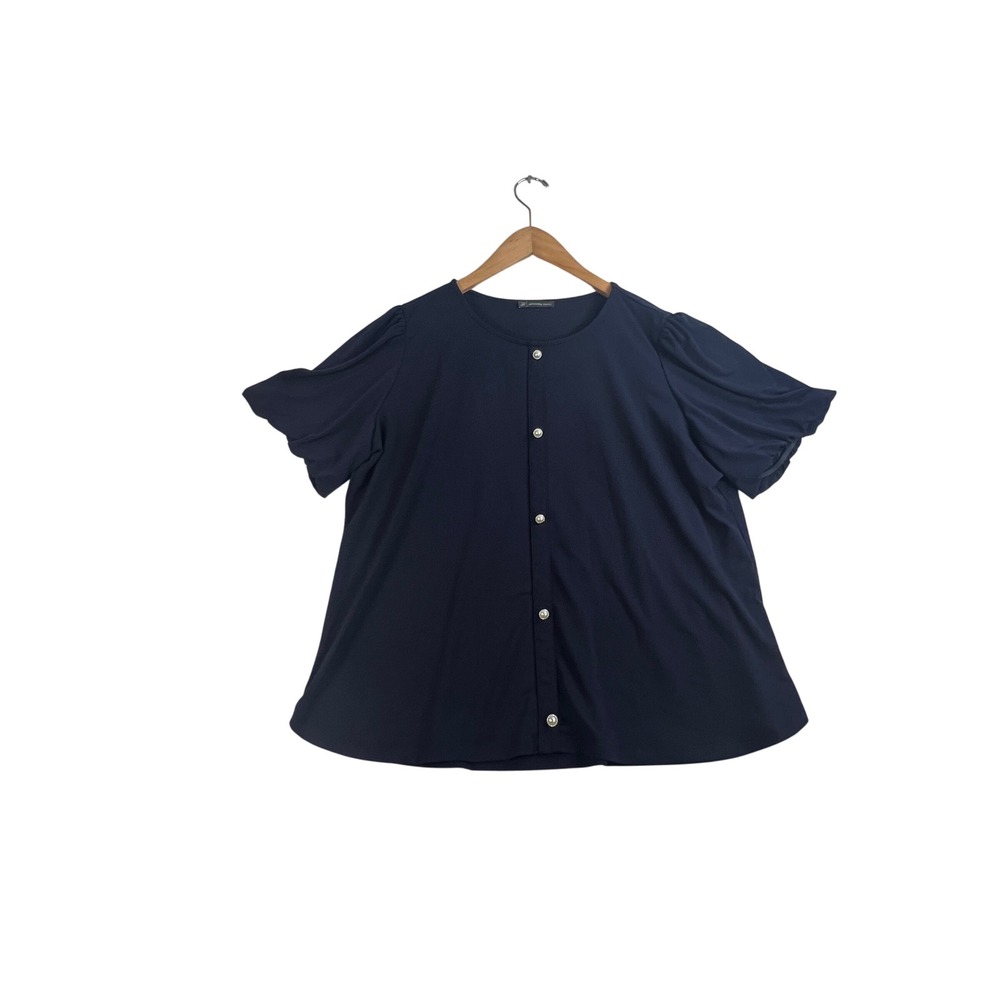 Adrianna Papell Navy Blue Faux Pearl Button Puff Sleeve Blouse AD1S302781